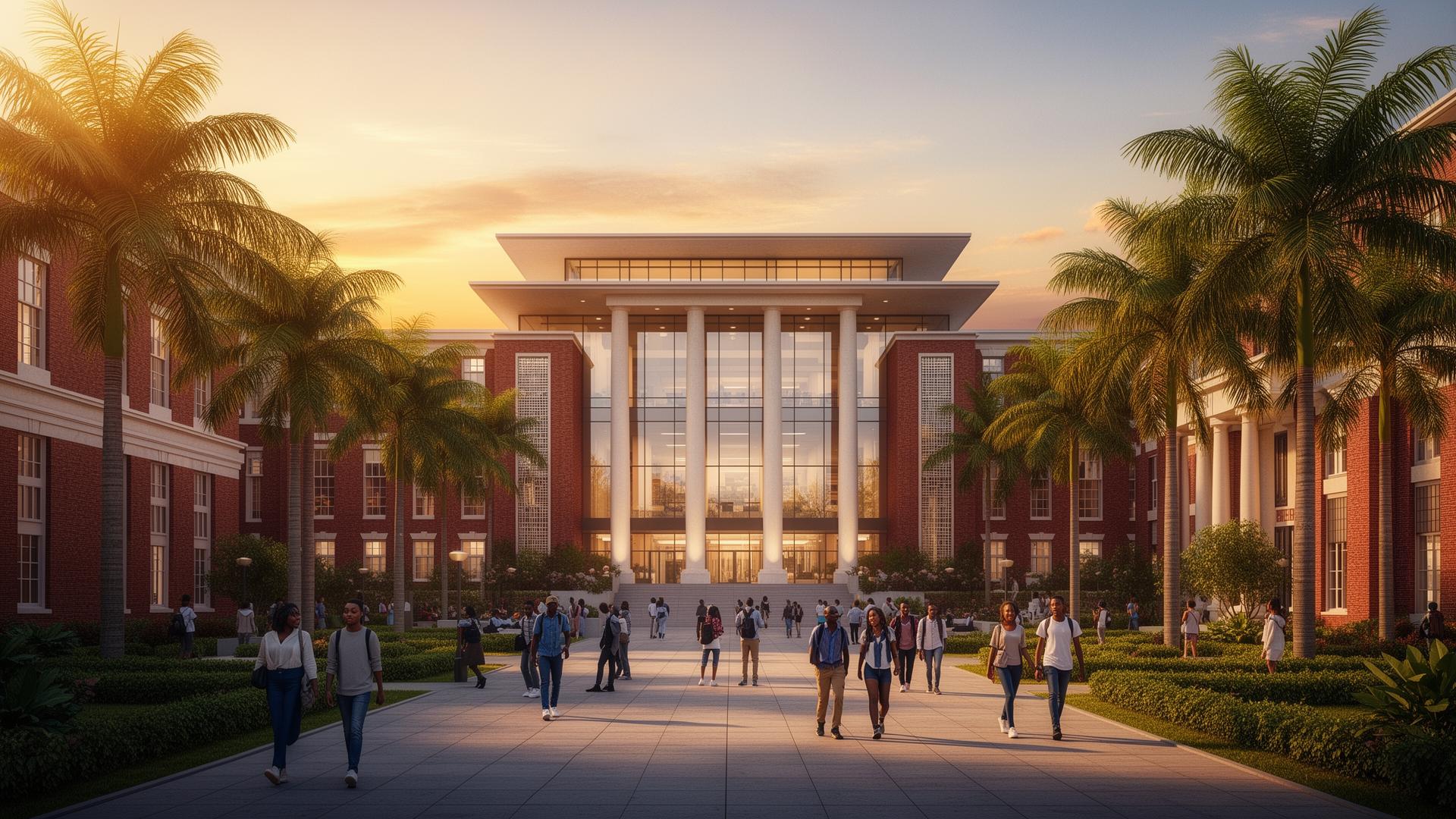 British International Academic City campus rendering at golden hour